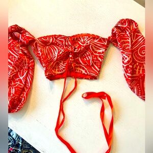 SHEIN Red Patterned strapless sleeved Crop Top with back lace up